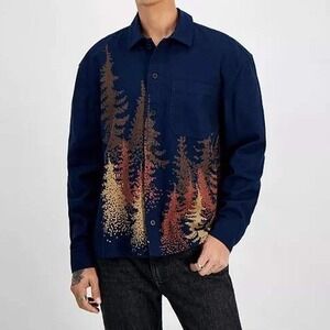 Sun + Stone Mens Milas Scenic Jacquard Overshirt Navy Pine Tree XL 100188502MN